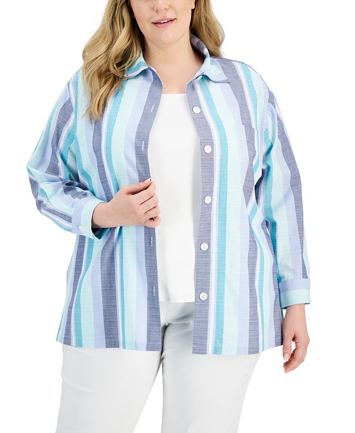 Anne Klein Women's Striped Oxford Shacket Blue Size 3X