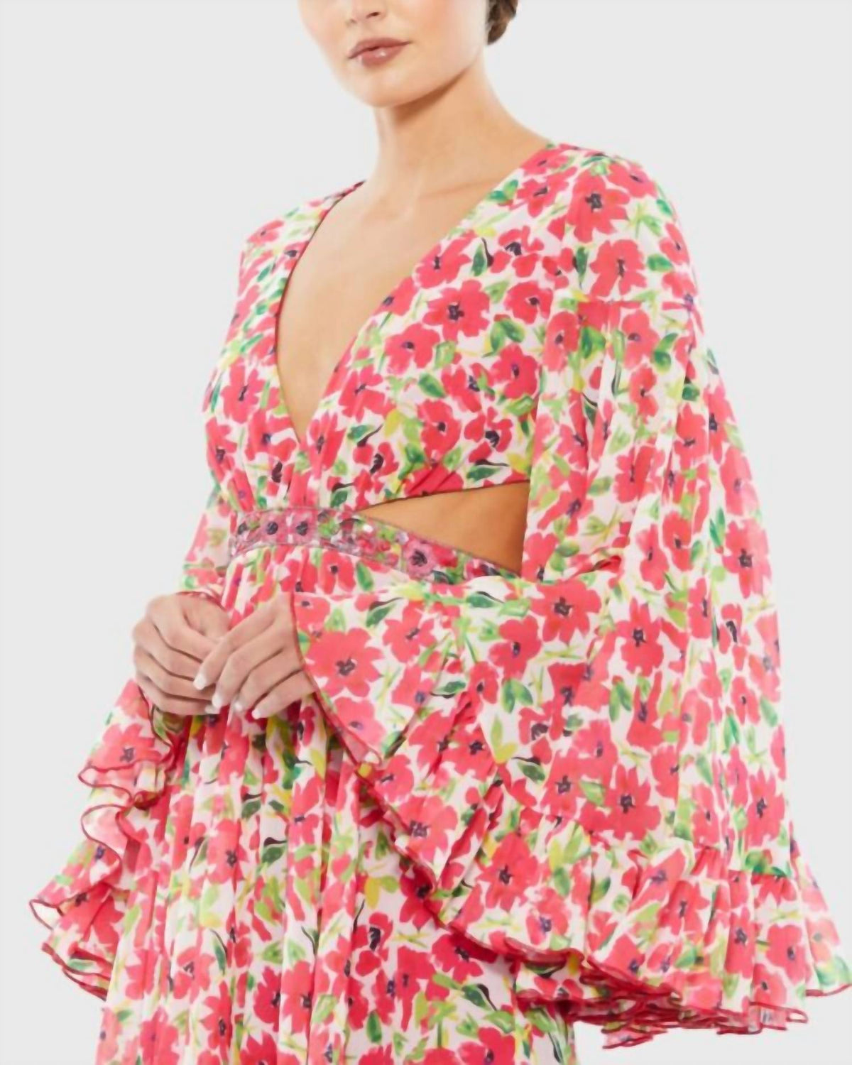 Mac Duggal - Floral Cutout Bell Sleeve Mini Dress