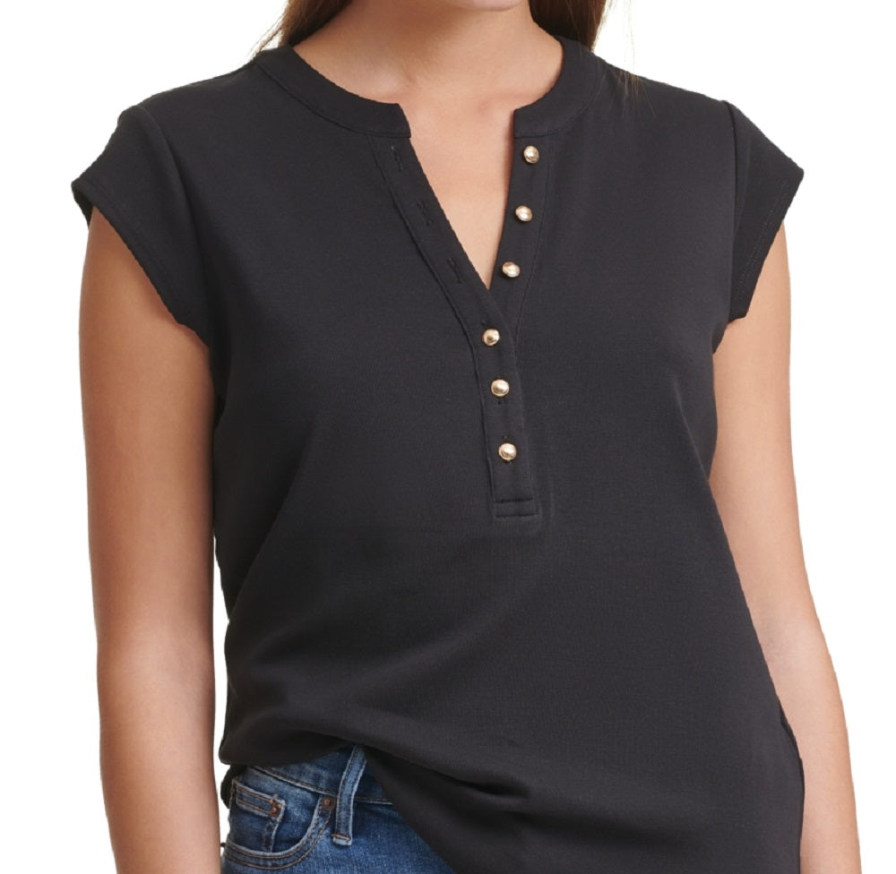 Calvin Klein Women's Cap Sleeve Henley Black Size Medium