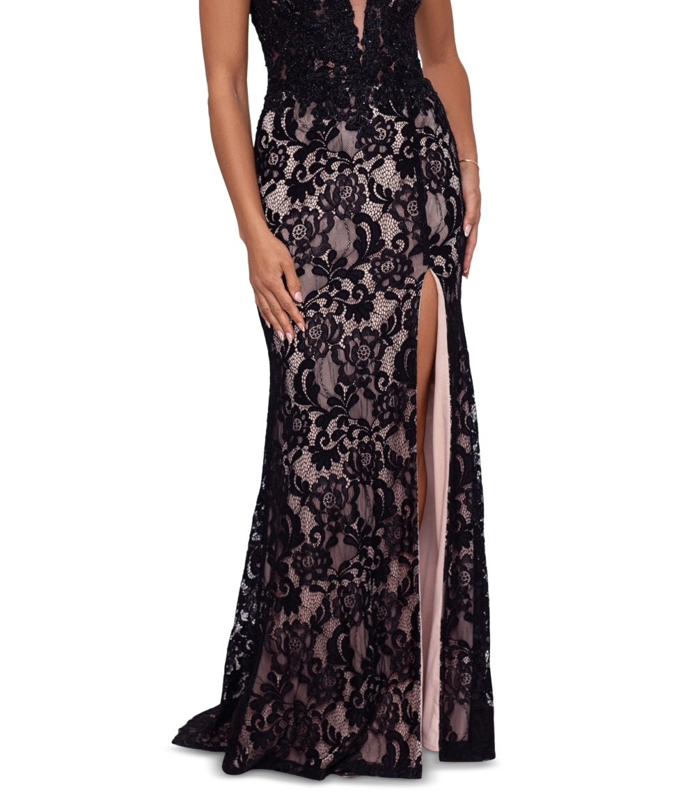 Betsy & Adam Women's V Neck Lace Gown Black Size 12