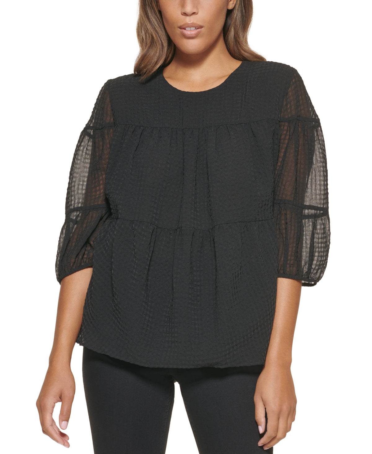 Calvin Klein Women's Textured Chiffon 3/4 Sleeve Blouse Black Size Medium