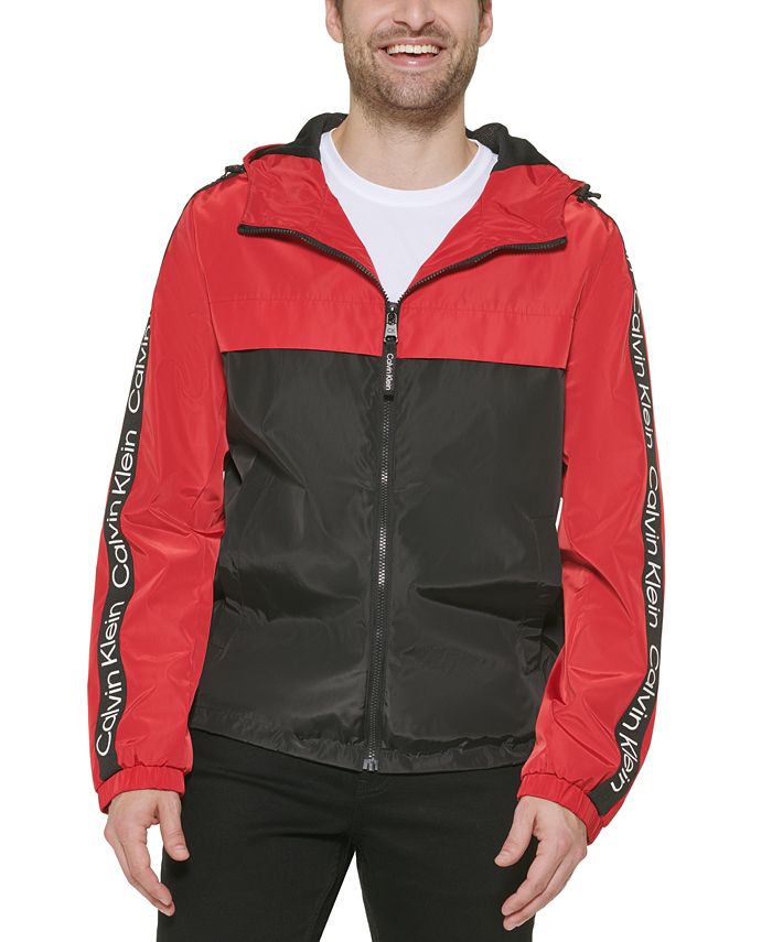 Calvin Klein Men's Logo Taped Sleeves Hooded Windbreaker Jacket Red Size Large