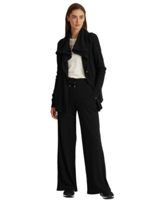 Ralph Lauren Women's Stretch Pocketed Waffle Knit Long Sleeve Open Front Jacket Black Size Medium