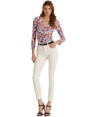 Ralph Lauren Women's Stretch Fitted Printed Long Sleeve Surplice Neckline Top Blue Size Medium