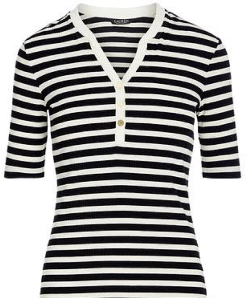 Ralph Lauren Women's Striped Cotton Blend Henley Tee Black Size X-Small