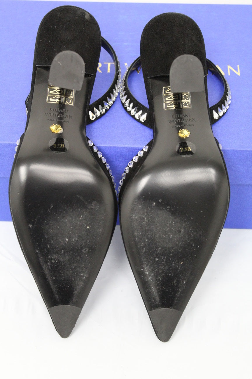 Stuart Weitzman Women's Gemcut Curve Pointed Toe Slingback Pump Black Size 7.5