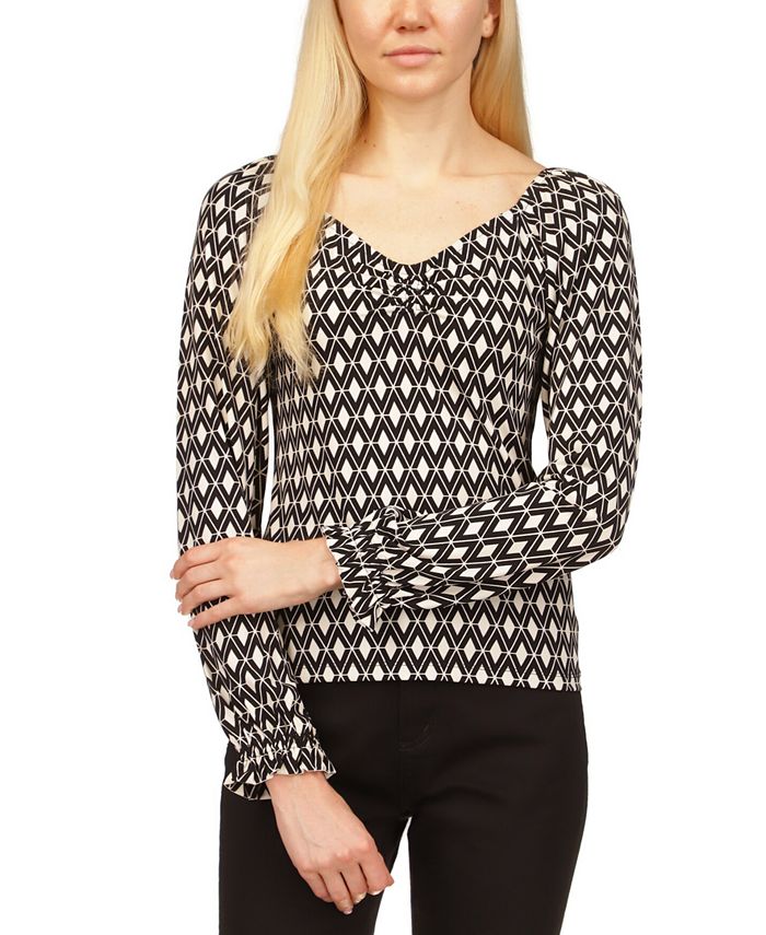 Michael Kors Women's Rouched Mod Print Top White Size Medium