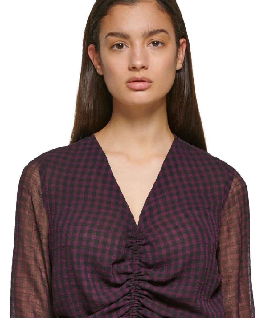 Calvin Klein Women's Long Sleeve Checked Gathered Front Blouse Brown Size Medium