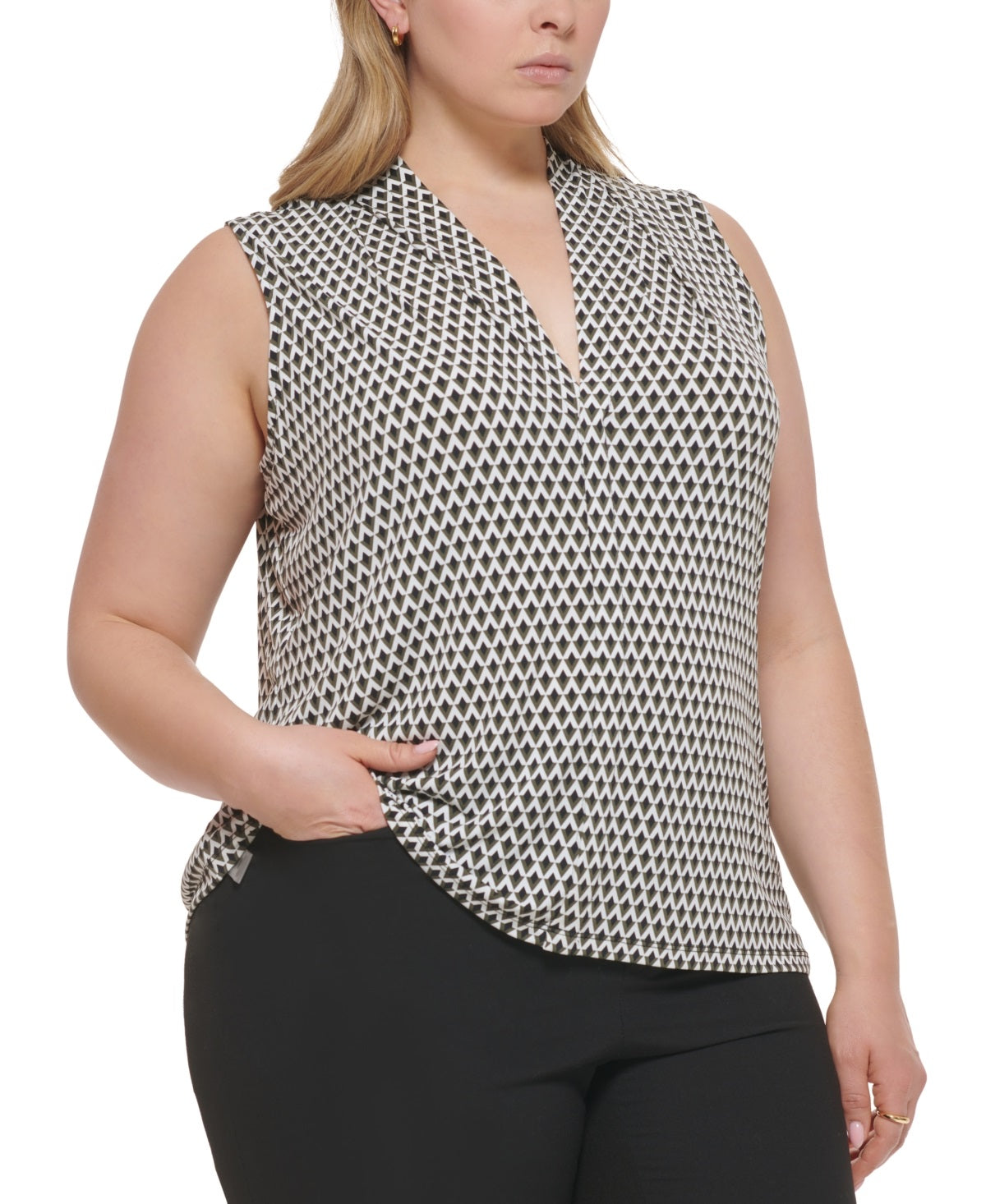 Calvin Klein Women's Geo Print V Neck Top Green Size 3X