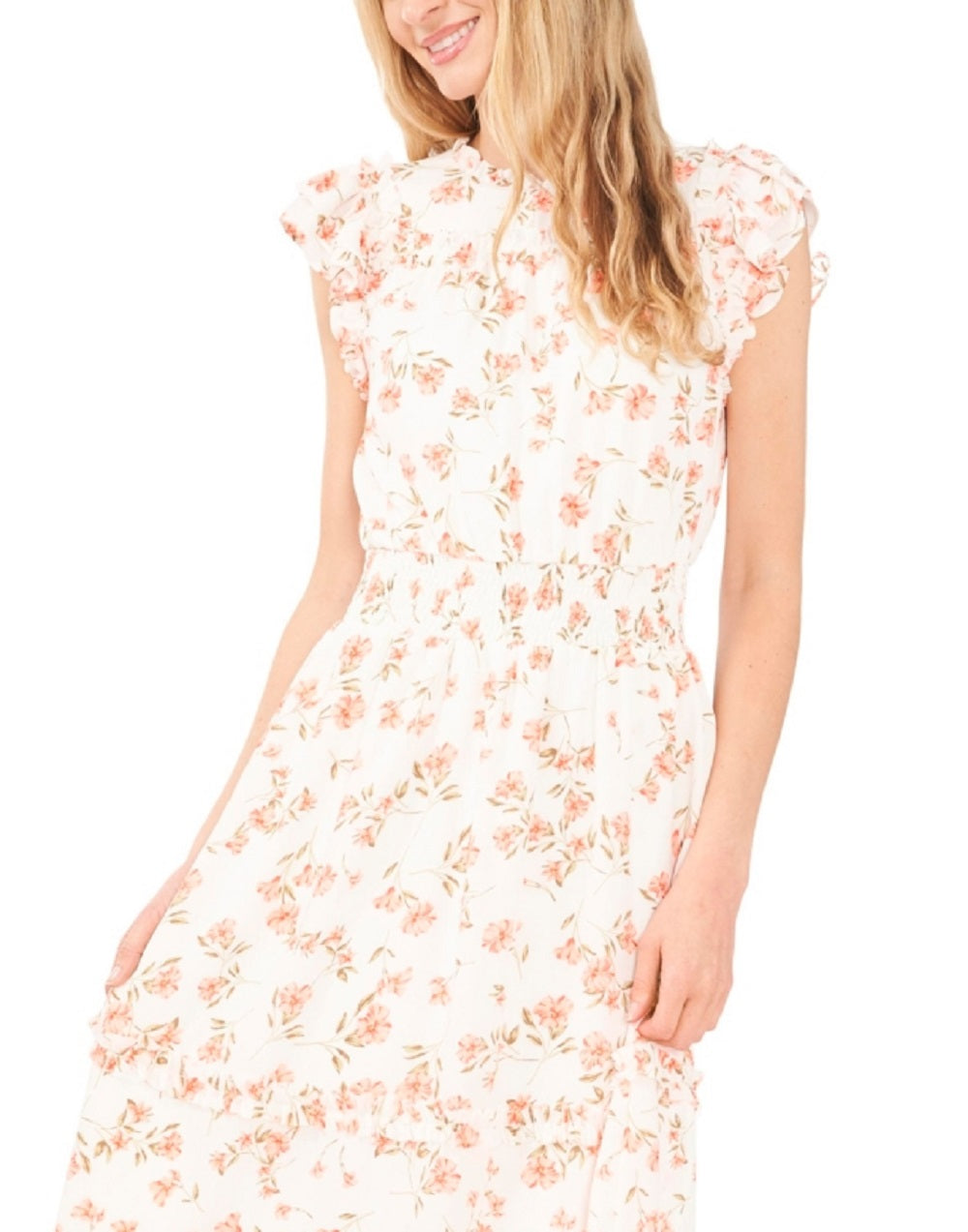 CeCe Women's Floral Smocked Ruffle Midi Dress White Size Large