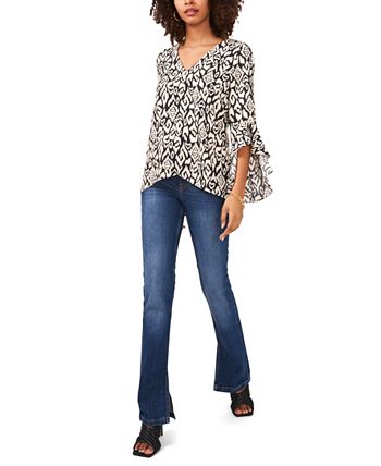 Vince Camuto Women's Etched Ikat Bell Sleeve Blouse Black Size Large