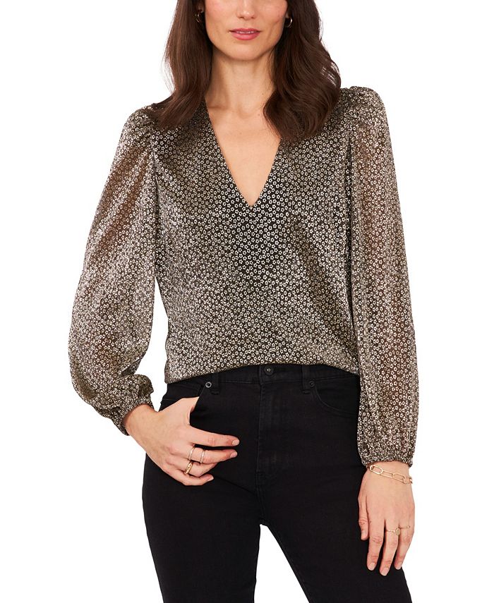 1.STATE Women's Floral Balloon Sleeve Blouse Gray Size Small