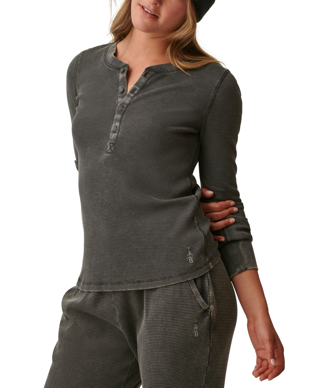 Bass Outdoor Women's Warm Button Front Waffle Knit Henley Top Grey Size Small