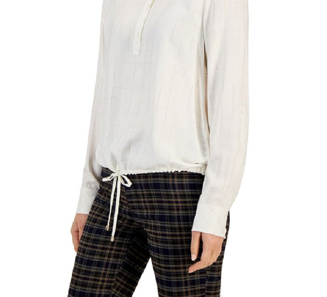 Tommy Hilfiger Women's Tie Hem Roll Tab Lurex Check Top White Size Small