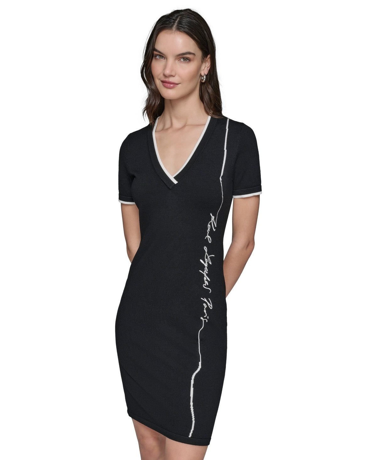 Karl Lagerfeld Paris Womens Embroidered Logo V Neck T Shirt Dress Black White