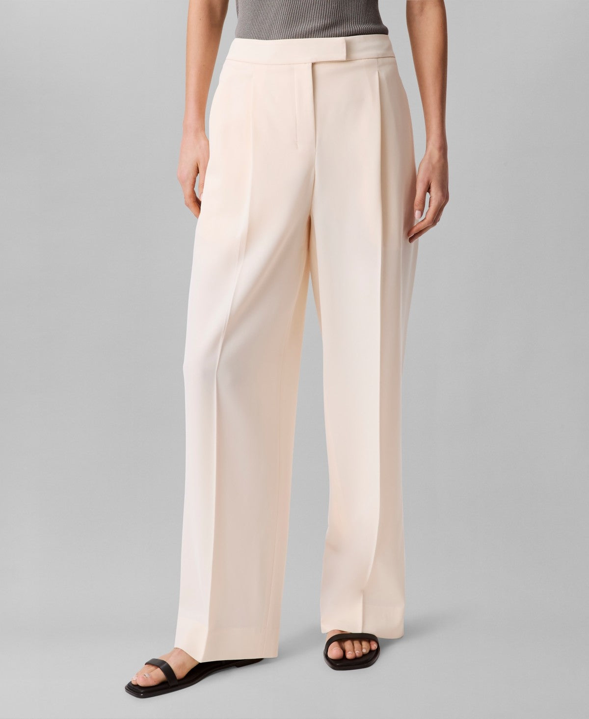 Calvin Klein Womens Soft Crepe Pleated Straight Leg Pants Ecru
