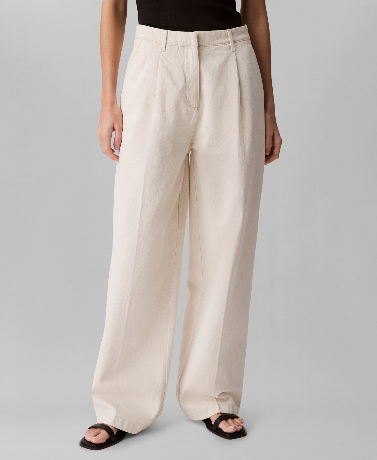 Calvin Klein Womens Cotton Linen Pleated Wide Leg Pants Natural