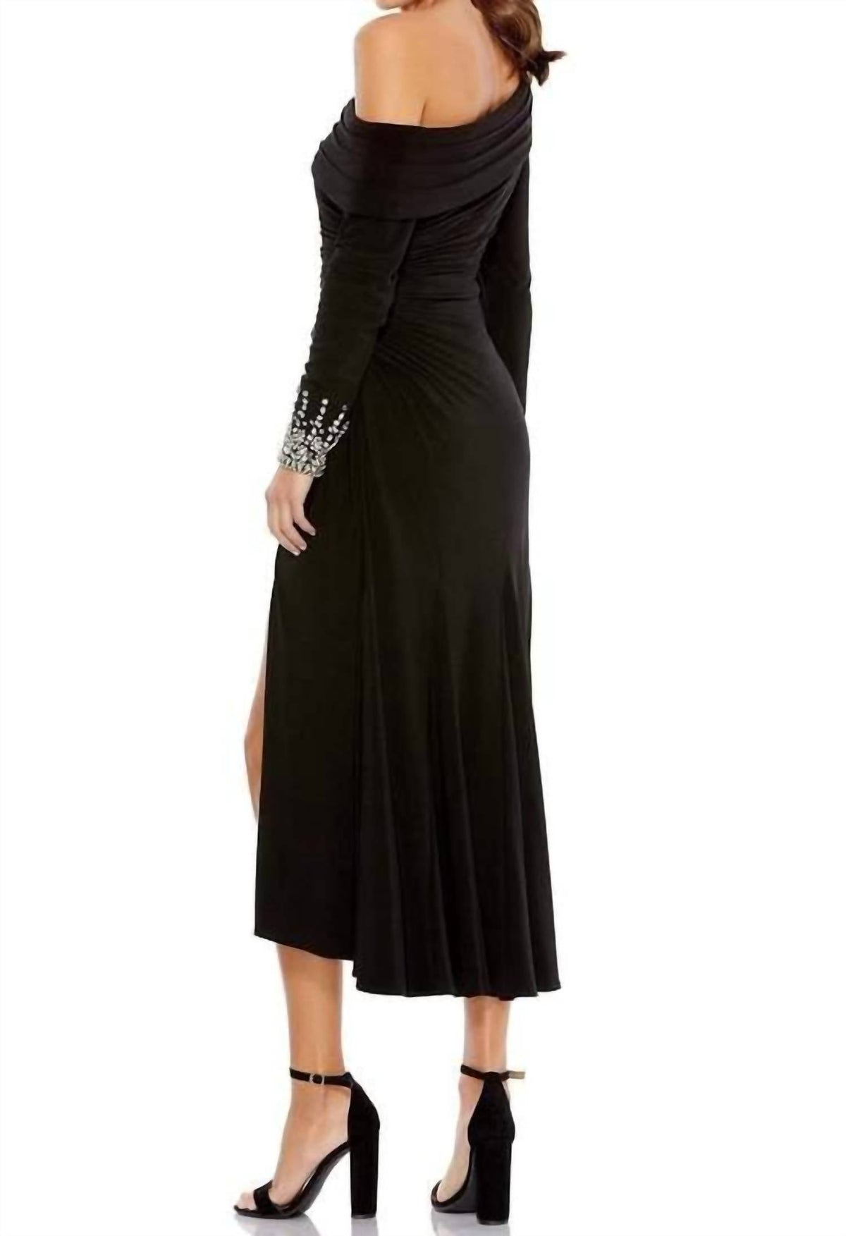 Mac Duggal - Foldover Long Sleeve Jeweled Midi Dress