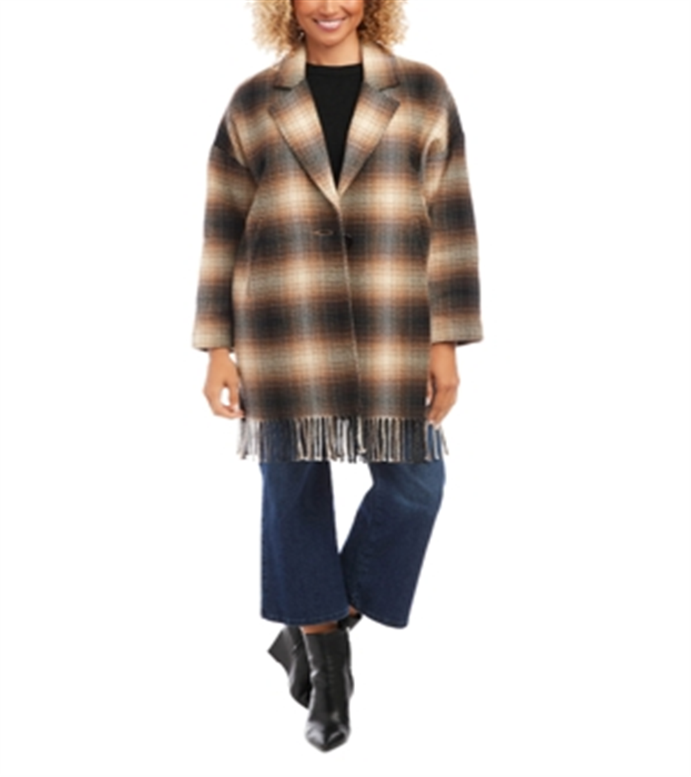 Karen Kane Plaid Fringe Trim Jacket Brown