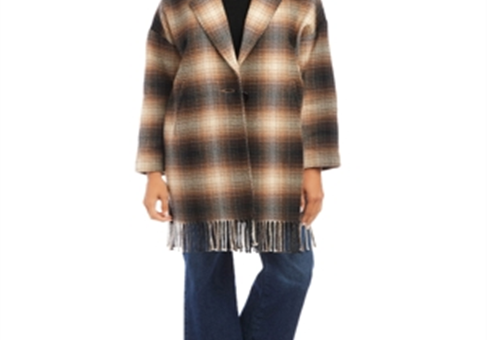 Karen Kane Plaid Fringe Trim Jacket Brown