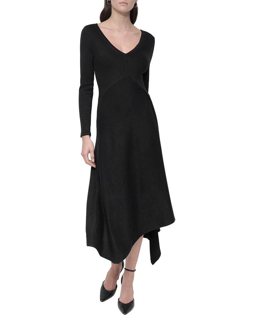 DKNY Womens Asymmetrical Long Sleeve Midi Dress Black X Large