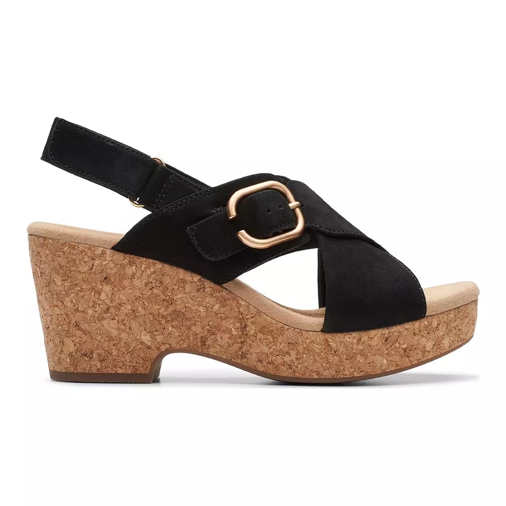 Clarks Collection Womens Giselle Dove Black Nubuck Wedge Sandal Size 6 Medium