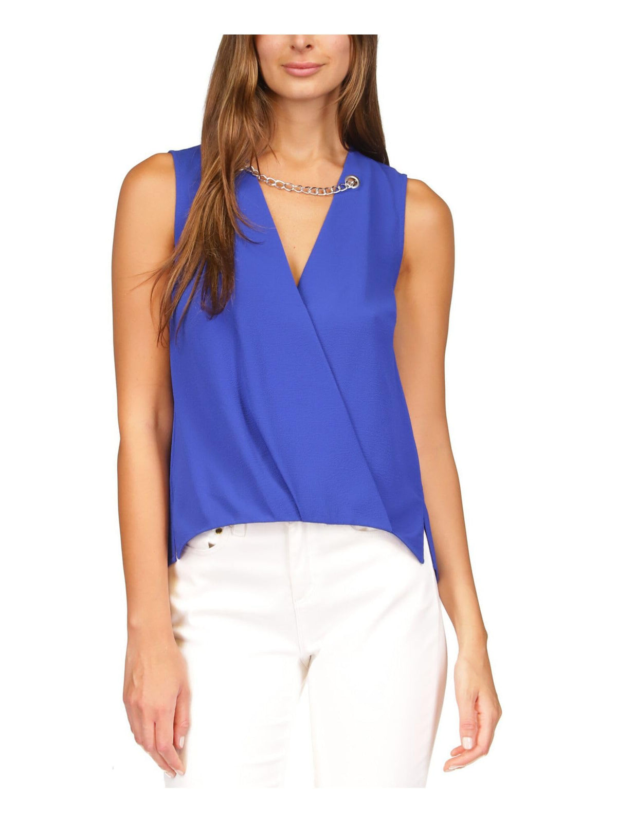 MICHAEL Michael Kors Women’s Crepe Chain Faux-Wrap Top in Royal (US, Alpha, Large, Regular, Regular)