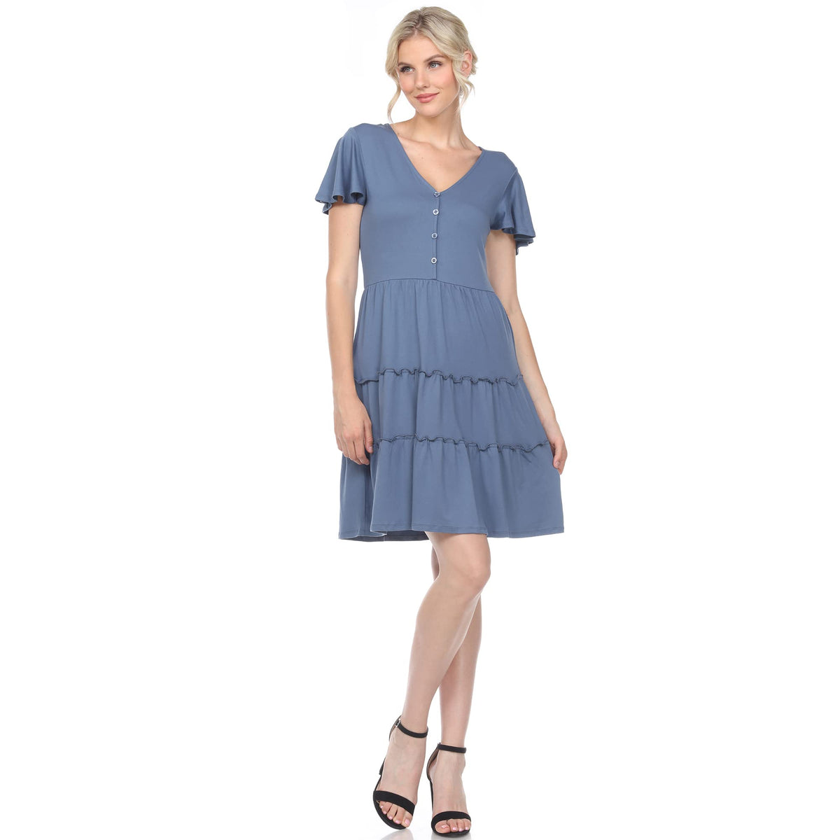 white mark Womens Short Sleeve VNeck Tiered Dress Blue