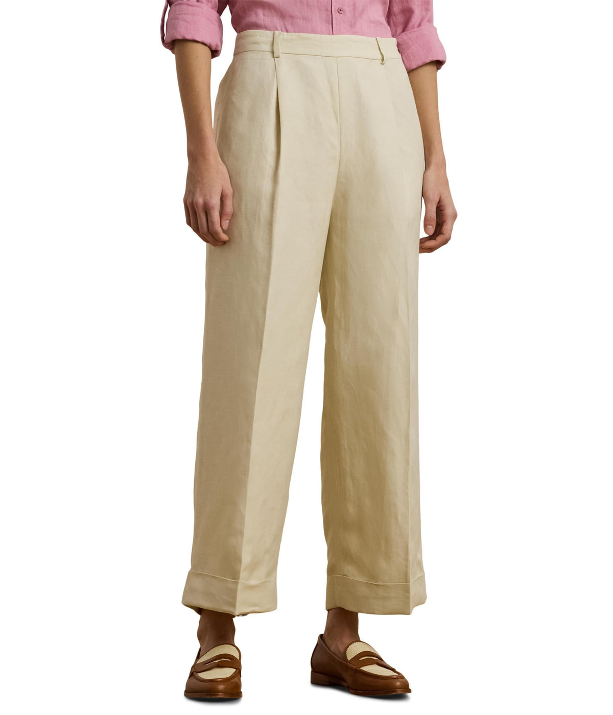 Lauren Ralph Lauren Womens Linen Blend Twill Wide Leg Pants Ivory Beige Size 10