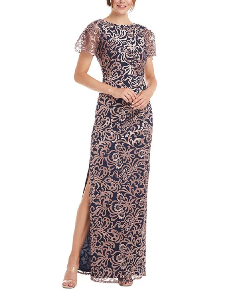 JS Collections Women's Flutter Sleeve Embroidered Gown Pink Size 10