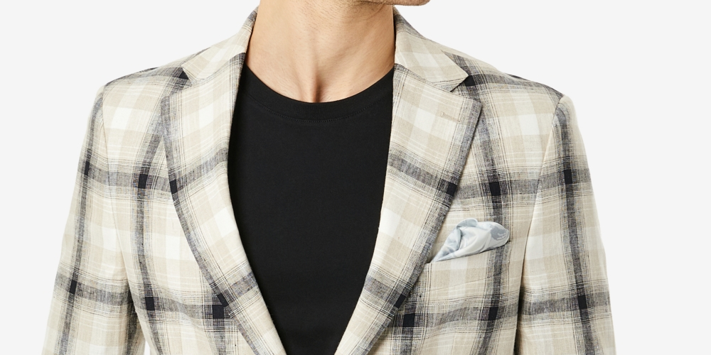 Tallia Men's Slim Fit Plaid Linen Blazer Beige Size 38