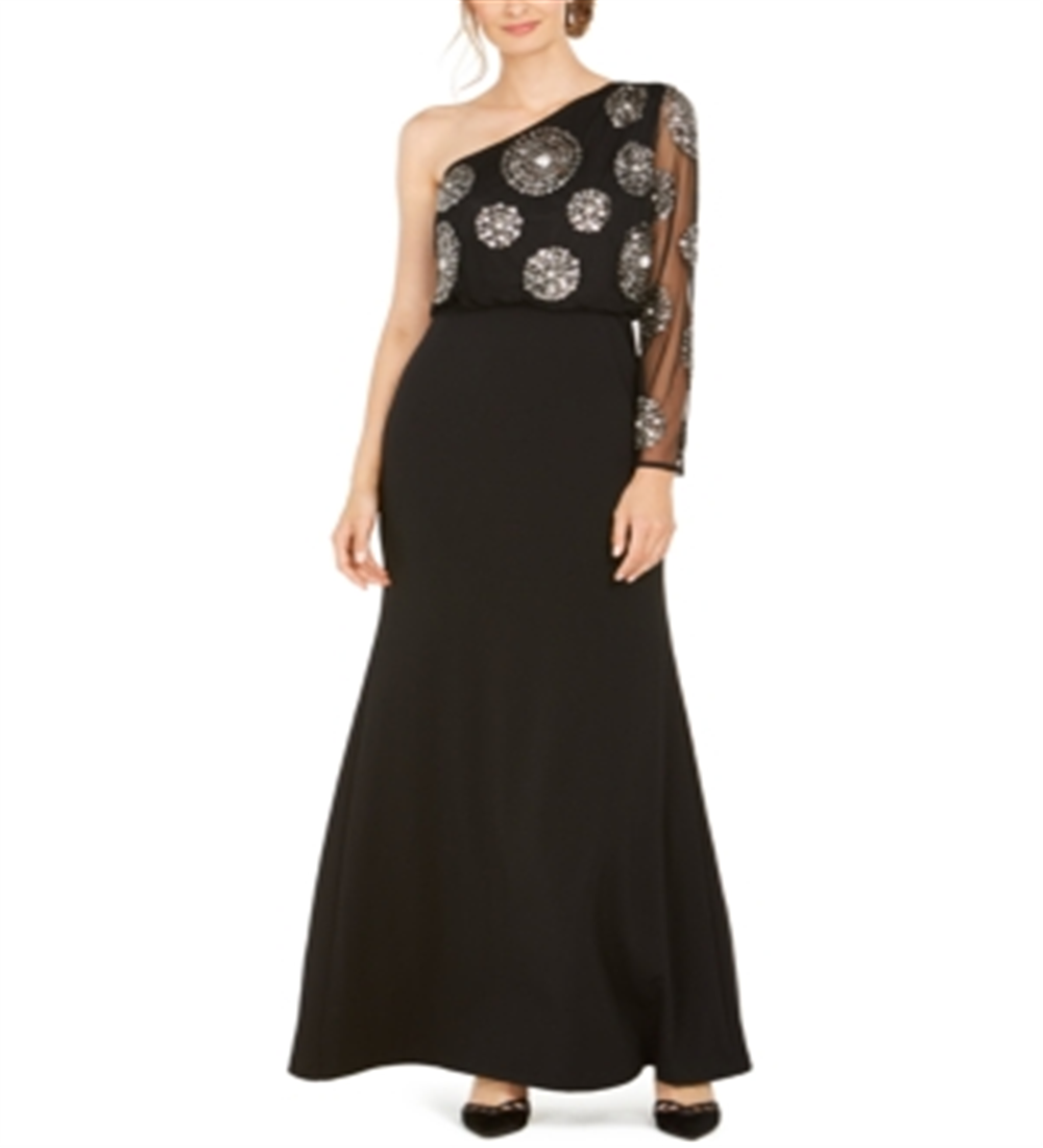 Adrianna Papell Women's Beaded One Shoulder Gown Black Size 12