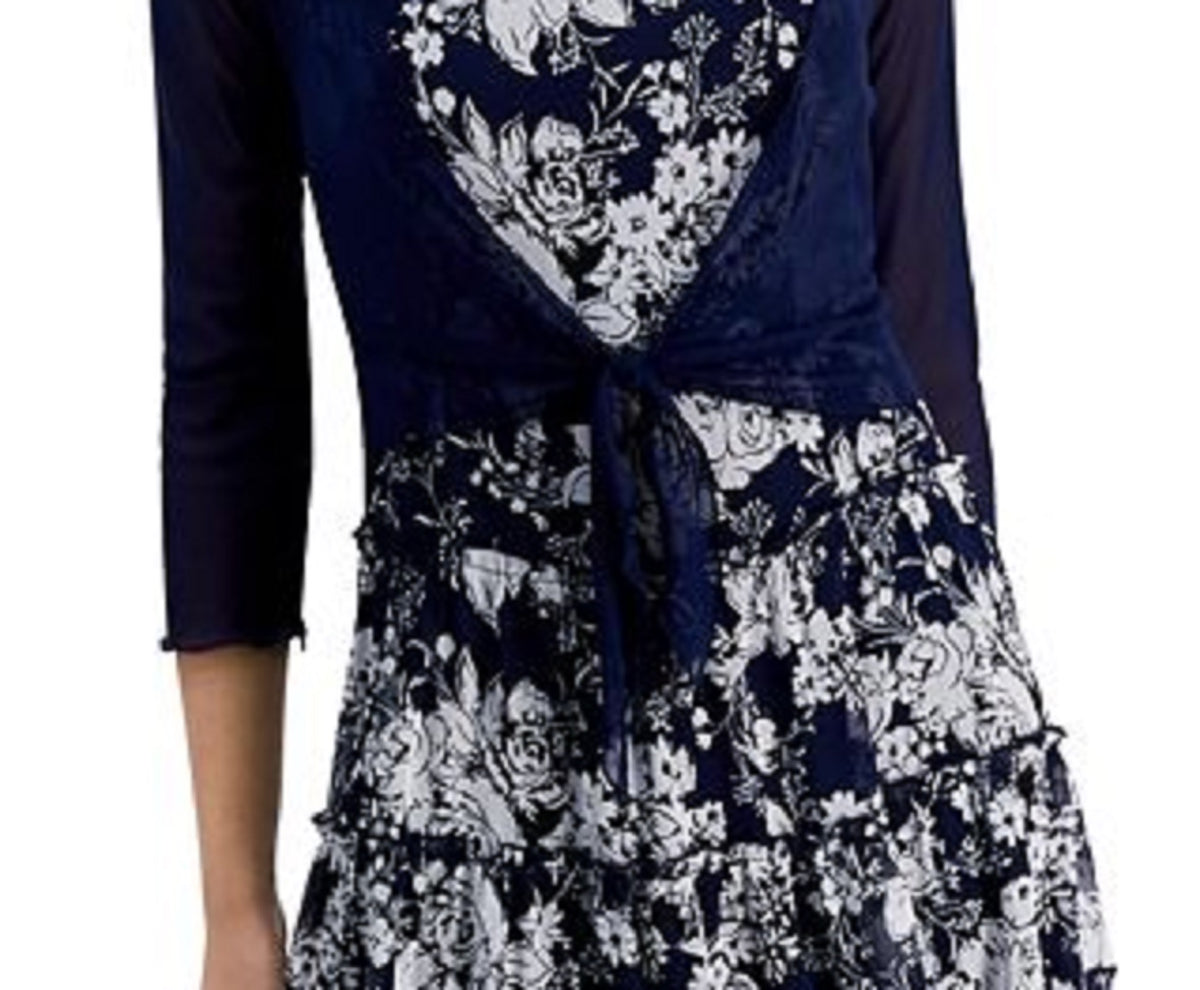 Connected Women's 2 Pc Printed Chiffon Jacket Dress Blue Size 6