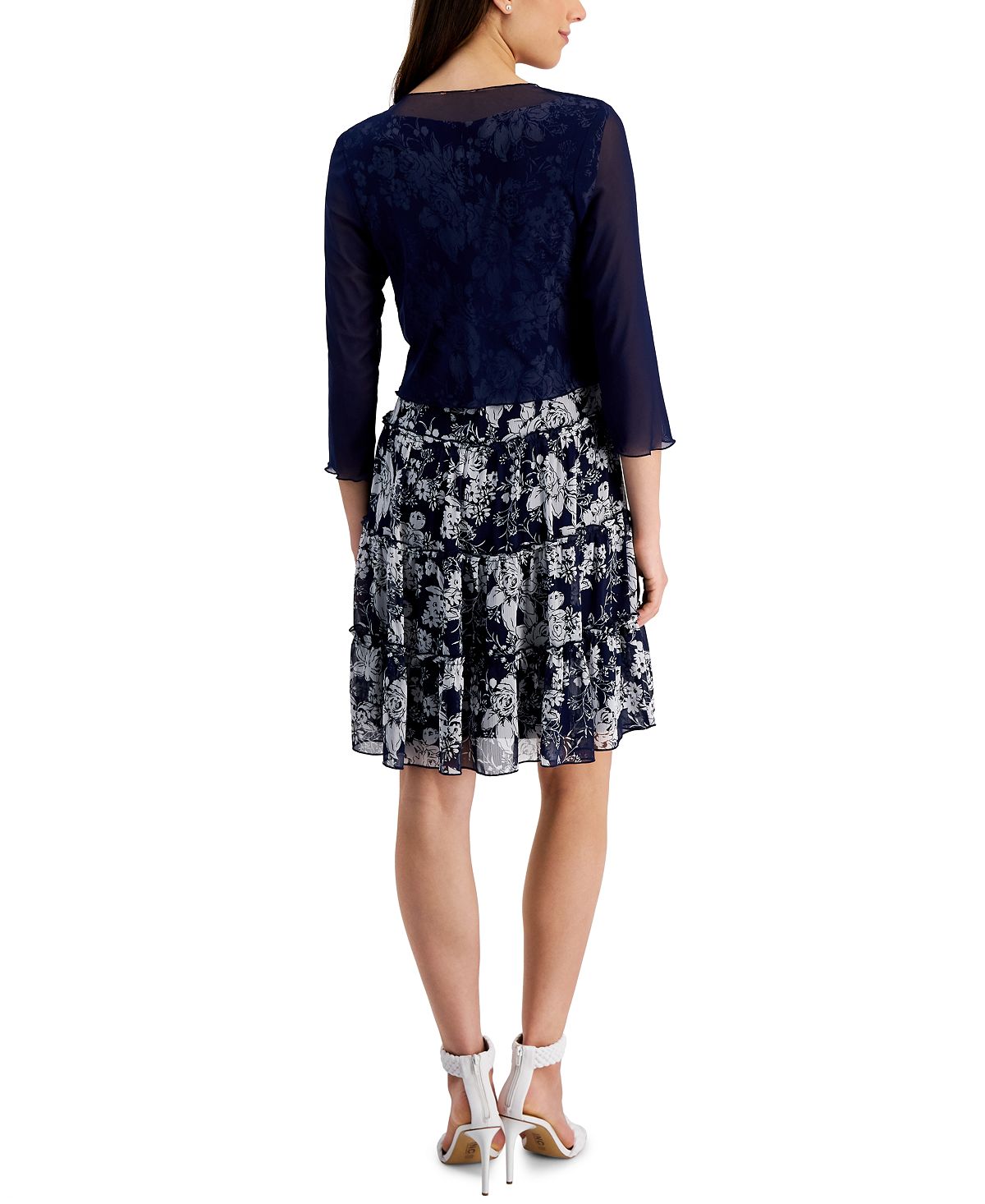 Connected Women's 2 Pc Printed Chiffon Jacket Dress Blue Size 12