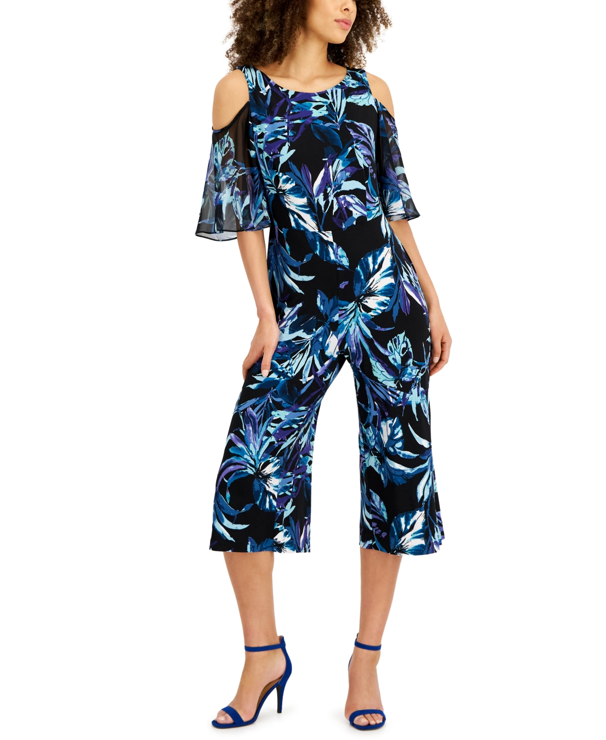Connected Women's Cold houlder Printed Jumpsuit Blue Size 8