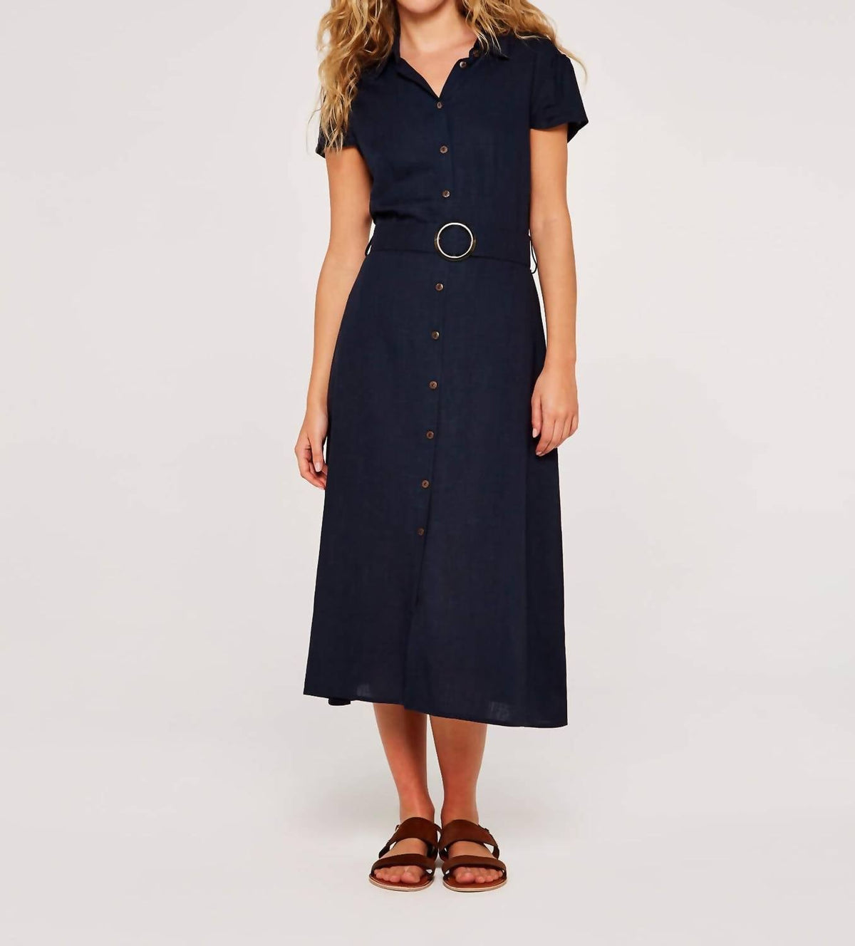 Apricot - Linen Blend Belted Shirt Midi Dress