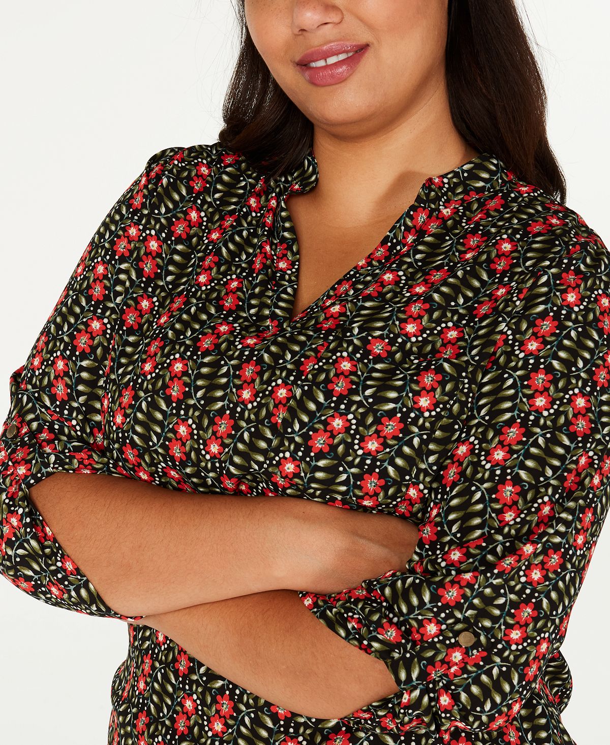 NY Collection Women's Printed Roll Tab Sleeve Top Black Size 2X