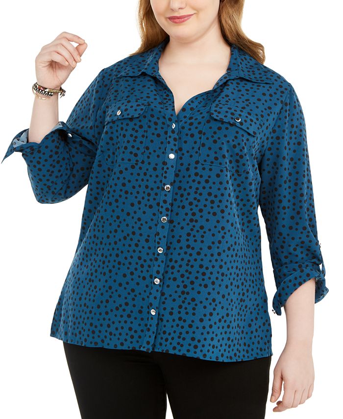 NY Collection Women's Polka Dot Button Down Shirt Blue Size 2X