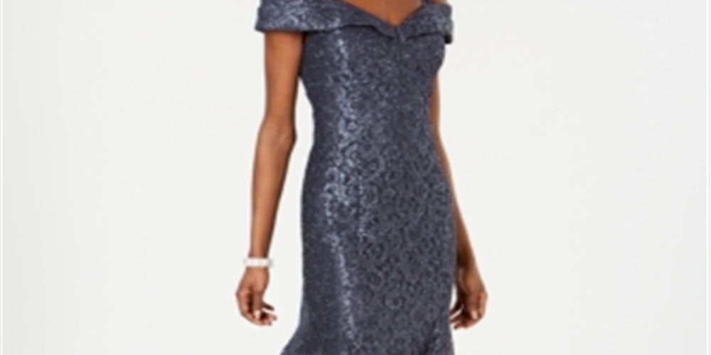 R & M Richards Women's Off the Shoulder Lace Gown Silver Size 12