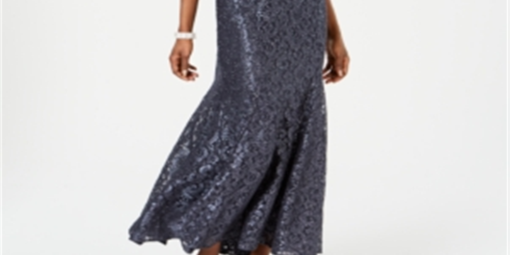 R & M Richards Women's Off the Shoulder Lace Gown Silver Size 12