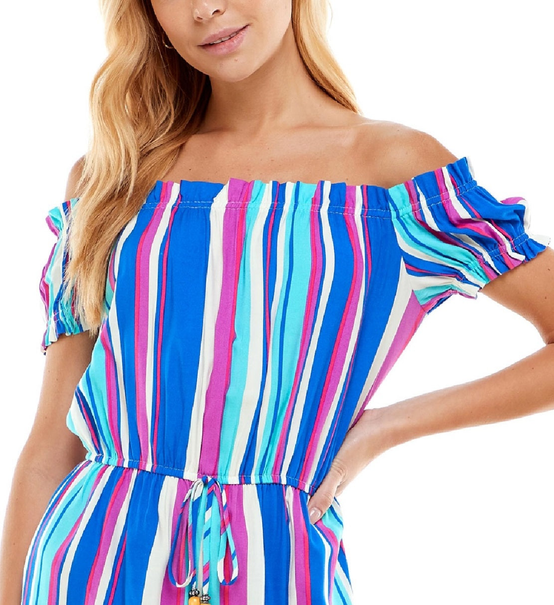 Bebop Women's Striped Off The Shoulder Romper Blue Size Medium