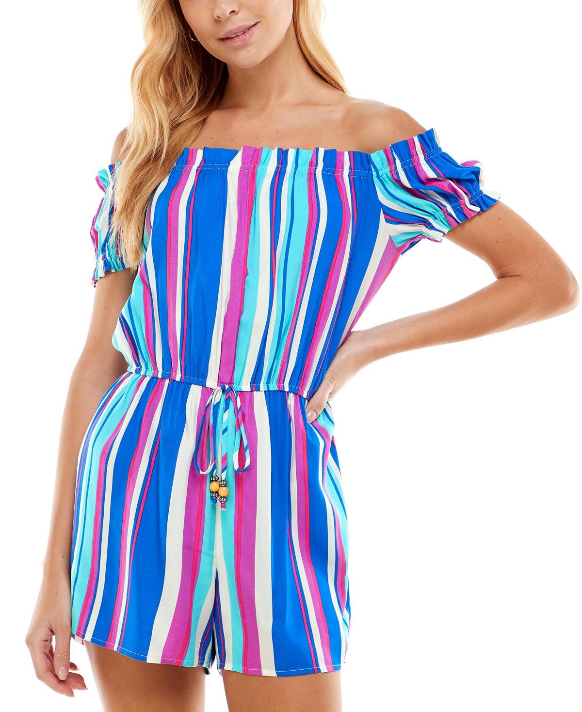 Bebop Women's Striped Off The Shoulder Romper Blue Size Medium