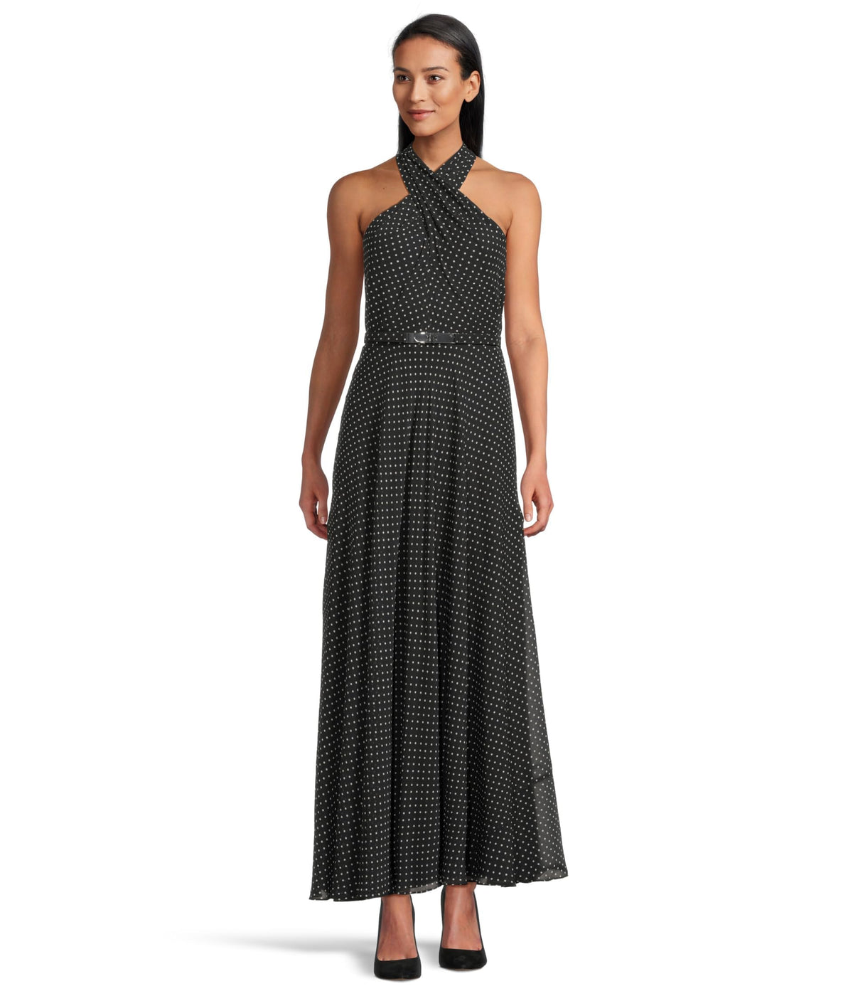 Lauren Ralph Lauren Womens Black and Cream Polka Dot Belted Georgette Halter Gown Size 14