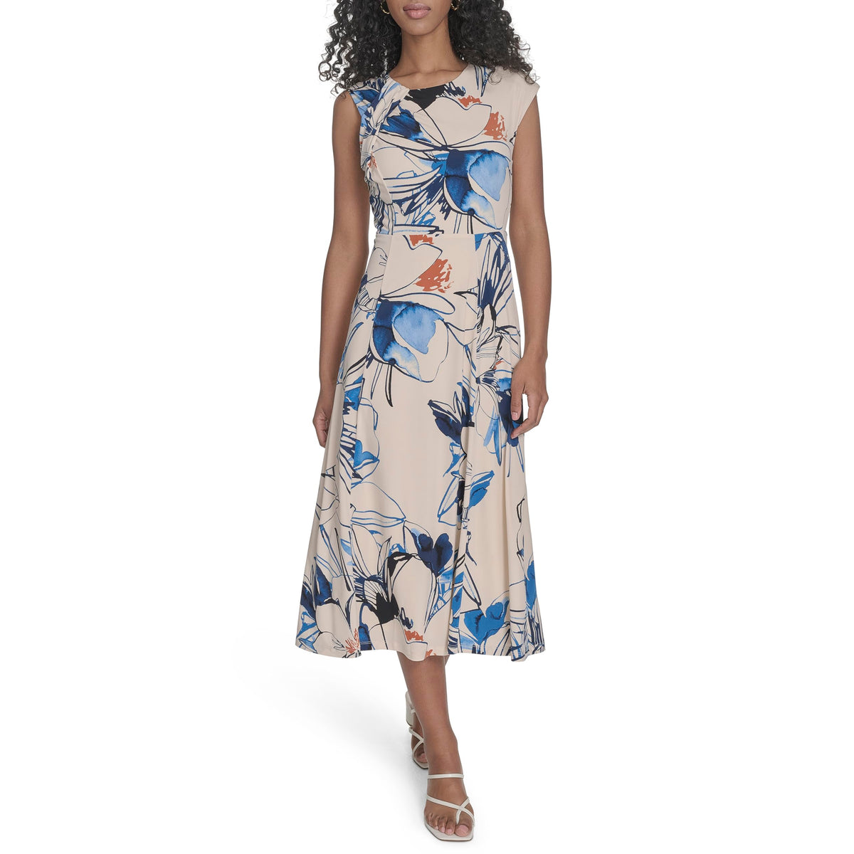 Calvin Klein Womens Sleeveless Midi Dress Antique White Multi Size 4