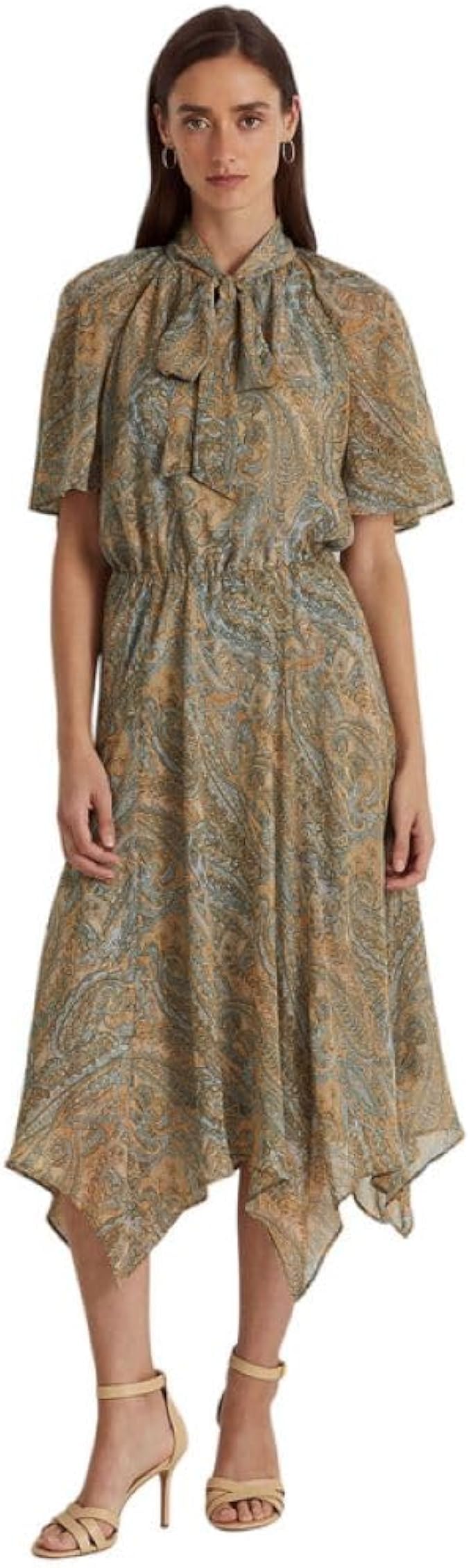 Lauren Ralph Lauren Women's Paisley Georgette Tie-Neck Dress (8, Cream Multi)
