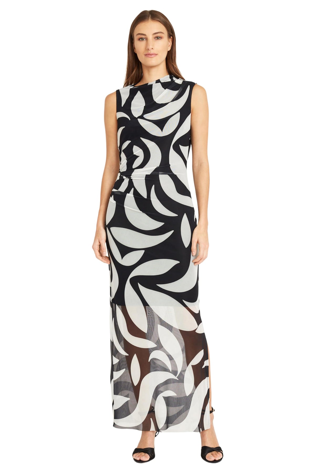 Donna Morgan Womens Side Pleat Maxi Dress with Gathered Neck and Asymmetric Shoulders in Black Ivory