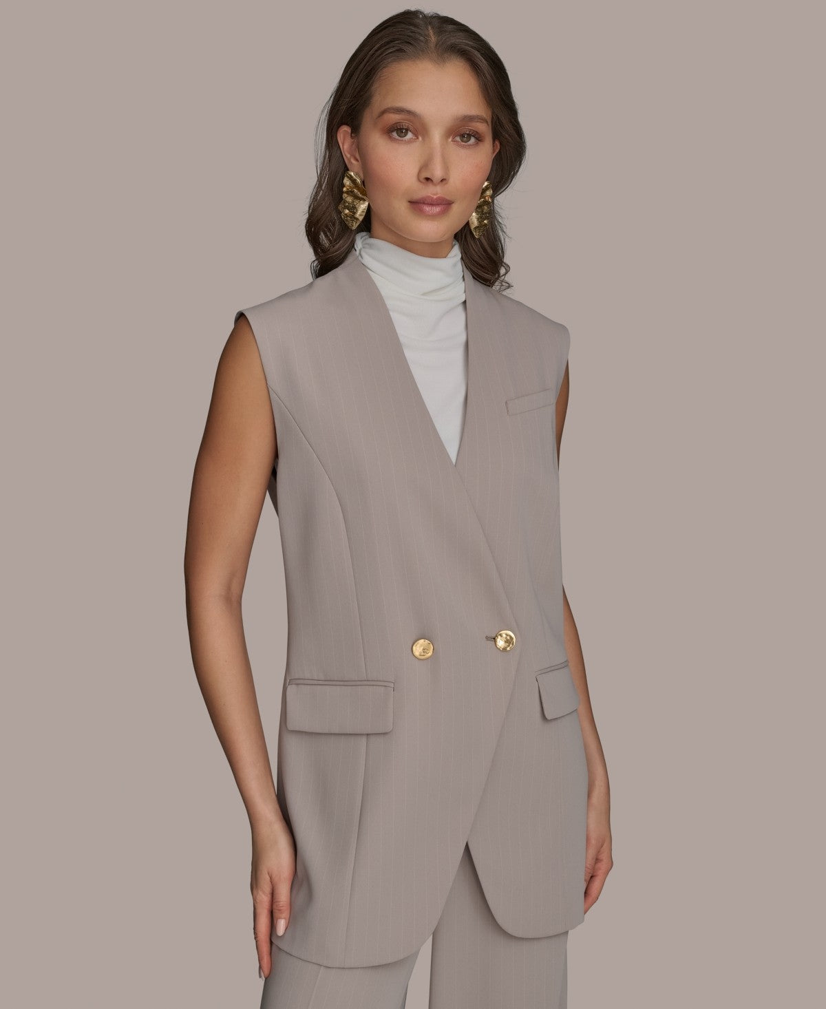Donna Karan New York Womens Pinstripe Vest Cobblestone Cream Regular Petite