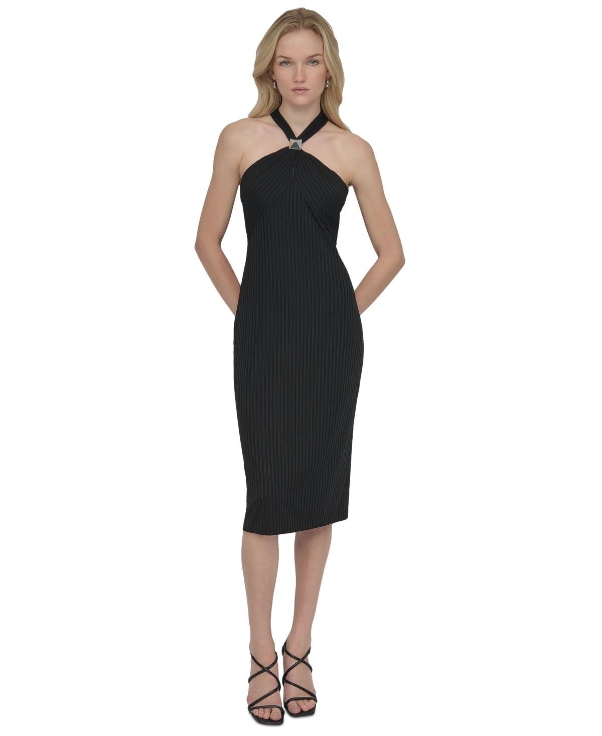 DKNY Womens Ribbed Sleeveless Sheath Dress Black