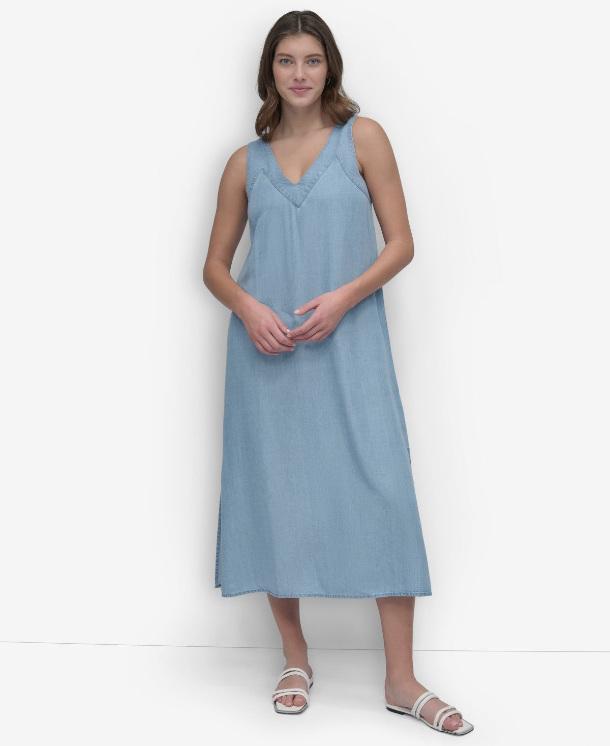 DKNY Womens Sleeveless V Neck Side Slit Dress Light Chambray