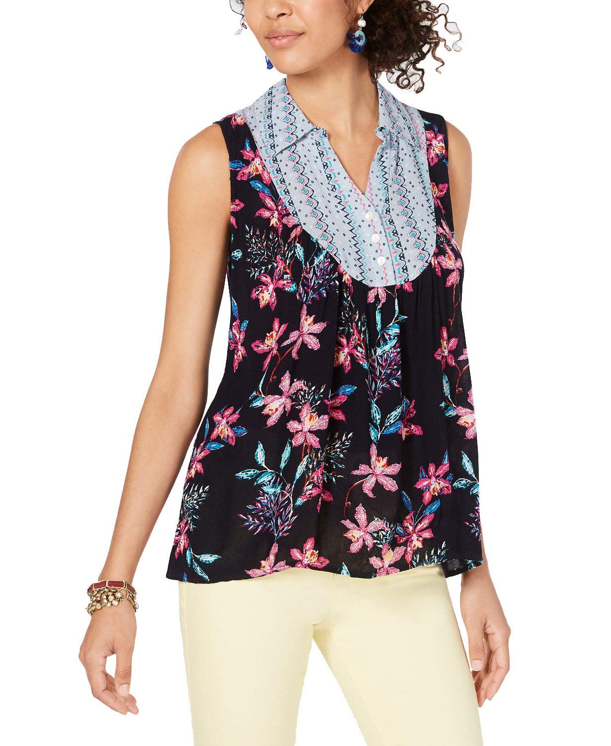 Style & Co Women's Hibiscus Mixed Media Top Size Medium